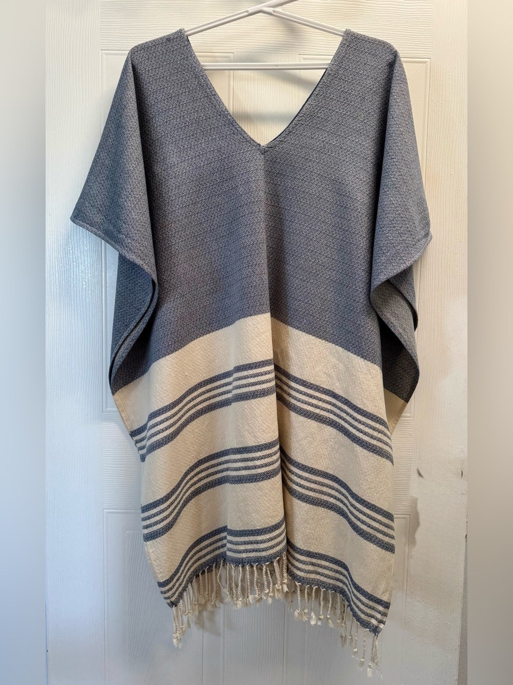 Tribe Alive Striped Fringe Poncho Caftan Swim Coverup Blue Cream OS
